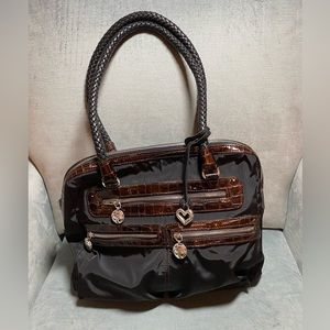 EUC vintage Brighton, shoulder bag, 15“ x 12“ x 4“ black nylon, Brown leather